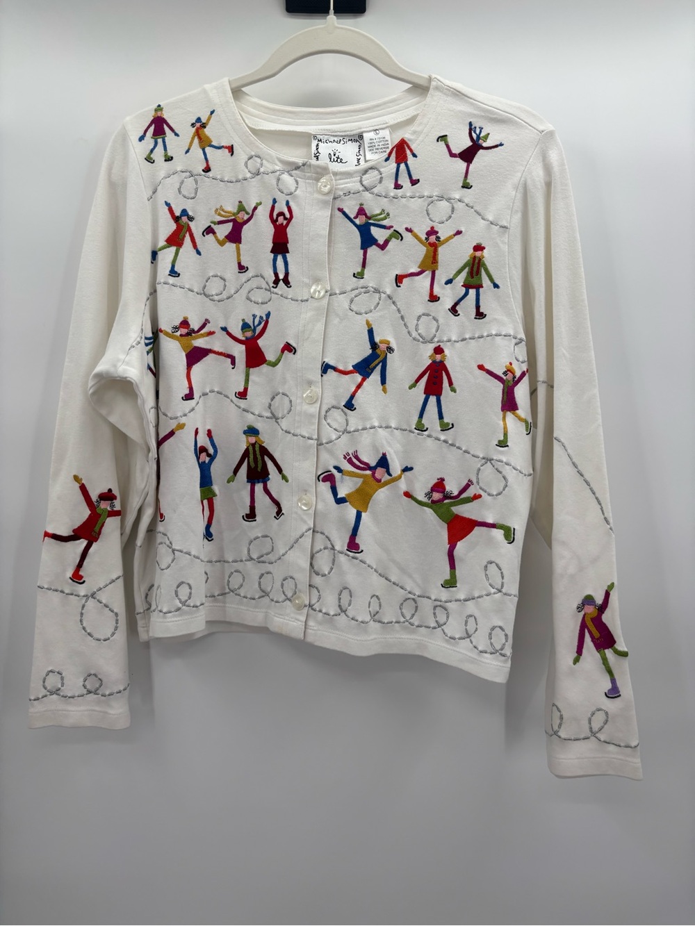 Micheal Simon Lite Ice Skaters Embroidered Cardigan Sweater Size Large